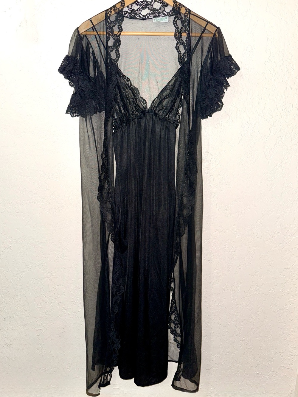 Vintage 60s 70s Black Lace Peignoir Set S Sheer Robe Slip Dress Spotlight USA